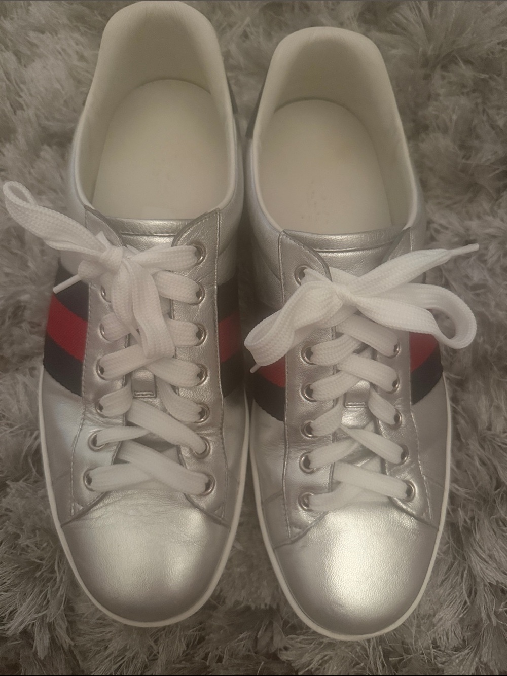 Gucci Silver Leather Sneakers with Red and Black Web Stripe